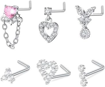 JFORYOU 20G 18G Dangle Nose Rings Studs Stainless Steel Nose Screws CZ L Shaped Nose Studs Heart Nose Rings for Women Nostrial Piercing Jewelry Gold Silver