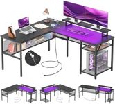 Hyomdeck Reversible L Shaped Gaming Desk with Power Outlet & Monitor Stand, Computer Desk with RGB LED Light, Sturdy Office Desks with Storage Shelf, Corner Writing Table, Easy to Assemble, Black