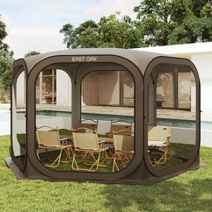 East Oak Screen House Tent Pop-Up, Portable Screen Room Canopy Instant Screen Tent 12 x 12 FT with Carry Bag for Patio, Backyard, Deck & Outdoor Activities, Brown