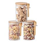 ORNAMI Glass Food Jar with Natural Bamboo Lid and Spoon, Airtight Small Clear Canister Jar for Kitchen Storage, for Sugar, Seeds, Salt, Pepper, Spices - Set of 3 (0.5L, Round)