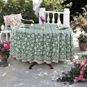 Ridhi Round Tablecloth Hand Block Print 100% Cotton Reusable Turquoise Moss Green 132 Inch Table Cover Decorative Everyday Use for Dining, Home, Party, Wedding, Farmhouse Gift for Spring, Mother's Day