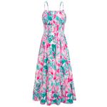 GRACE KARIN Womens 2024 Summer Maxi Dress Casual Sleeveless Spaghetti Strap Smocked Ruffle Beach Long Dress with Pockets, Green Pink Floral, M