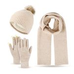 Women Bobble Hat Scarves Gloves Set Thermal Winter Warm Knitted Beanie Hat Neck Warmer and Touchscreen Gloves Unisex (Beige)