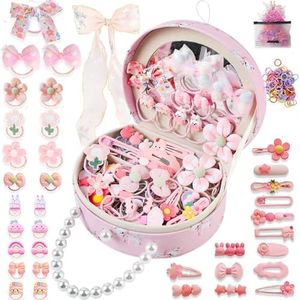 Velachuan Princess Jewelry Box for Girls with Hair Accessories,Girls Hair Clips Bows Set, Fashion Hair Styling Kit with Mirror,Pink Sparkle Trinket Box Includes Hair Clips (Ribbon)