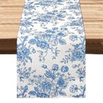 Dremisland Rose Monochrome Sketch Blue Table Runner Retro Floral Table Cover Fall Table Runner Rustic Farmhouse Table Decoration for Home Kitchen Dining Party 13x72 Inch