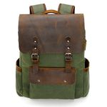 Waxed Canvas Backpack Leather Rucksack Knapsack for Men Woman Vintage Travel Laptop Backpack 15.6 Inch Satchel Backpack, Green, Vintage