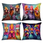 Tucocoo Funny Chickens Throw Pillow Covers 45x45cm Set of 4 Watercolor Rooster Rustic Hippie Animal Family Modern Decor for Couch Bed Car Patio Bench Sofa Cushion Cover