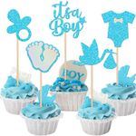 SYKYCTCY 30 Pack It's a Boy Cupcake Toppers Pacifier Glitter Onesie Jumpsuit Cupcake Picks Bird Pacifier Cake Decorations for Baby Shower Boy Birthday Theme Party Supplies Blue