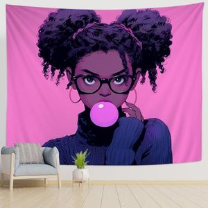 KOYI Black Girl Tapestry African American Girl Blowing Gum Wall Tapestry Black Art on Hot Pink Wall Hanging for Bedroom Living Room Dorm Room,50"x60"