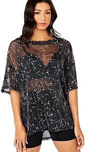MakeMeChic Women's Summer Short Sleeve Tops See Through Mesh Sheer Sexy T Shirt Blouse Black Galaxy M
