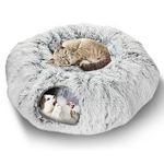 Lonepetu Cat Tunnel Bed for Indoor Cats, Warm Plush Collapsible Cat Donut Tunnel with Central Mat, Fluffy Cat Cave Tube with Hanging Ball for Cat Kitten Rabbit Puppy Ferret