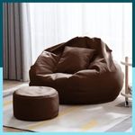 ComfyBean 4XL Bean Bag Chair with Beans Filled - Bean Bag Sofa with Footrest - Brown Faux Leather Bean Bags for Living Room, Bedroom - Free Cushion & Footrest - Plushpod Combo