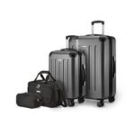 Amazon Basics Hardside Spinner Luggage Set, 4-Piece, Large Suitcase, Carry-On Suitcase, Tote Bag, Compact Travel Bag, Expandable, 4 Spinner Wheels, Black