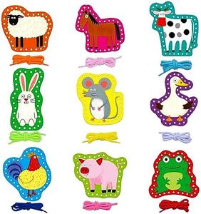 Jeu de Cartes à Lacer pour Enfants en 9 Pièces, Cartes de Couture Double Face à Thème de Ferme avec 9 lacets colorés, Jeux de Jouets à Lacer pour le Développement de l'Imagination et d'Apprentissage