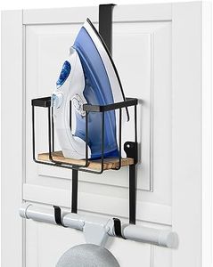 TJ.MOREE Wall Mount/Over The Door Ironing Board Holder with Large Storage Basket, Laundry Room Iron and Ironing Board Holder Storage Holder Black Middle