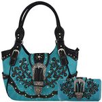 Western Style Tooled Leather Buckle Concealed Carry Purse Country Handbag Women Shoulder Bag Wallet Set, Turquoise Set, L