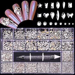 Nail Rhinestones Kit, Nail Art Decorations Flat AB Rhinestones Kit DIY Crafts Gemstones for Nail, Shoes, Clothes, Jewels (600 Clear Diamonds + 2500 Flat Rhinestones)