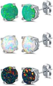 Barzel 18K White Gold Plated Black, White & Green Created Opal Stud Earrings 3 Pack Set, 6MM (Multicolor)