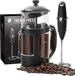 Bean Envy French Press Coffee Maker and Milk Frother Set with 4 level Filtration System|Glass Carafe Coffee Press & Drink Mixer Duo w/Stainless Steel Stand (Black, 1L)