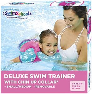 SwimSchool Swim Trainer - Small/Medium - Swim Vest with Shoulder Sleeves, Adjustable Safety Strap, and Removable Chin-Up Collar -Pink/Aqua