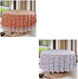 Ridhi Hand Block Print Round Tablecloth Set of 2 – 100% Cotton 110 Inch Reusable Table Covers in Bubblegum Pink & Flamingo Pink – Handmade Boho Dining Table Decor for Home, Party, Wedding, Farmhouse &