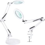 LED Magnifying Glass with Light 5X,Adjustable Swing Arm Lamp, Dimmable Architect Desk Lamp/Task Lamp, 3 Lighting Colors & 10 Brightness Levels for Close Work, Repair, Crafts, Reading,Sewing-White