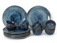 Bodhi House Handcrafted Stoneware Reactive Glaze Ceramic Dinner Set, 18 Pieces Serving for 6, Microwave and Dishwasher Safe, Bone-ash Free, Crockery Set for Dining and Gifting, Reactive Blue