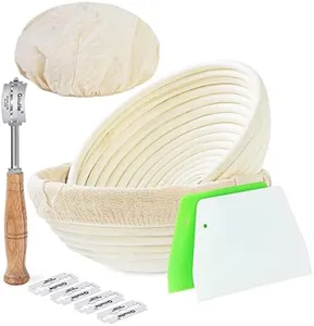 Set of 2 9 inch Round Bread Proofing Baskets Natural Rattan Banneton Sourdough Rising Bowl Basket with Dough Scraper + Bread Lame + Cloth Liner for Bakery Home Bakers
