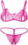 FLUTE Women's Sexy Net Lace Lingerie Set/Bikini Set/Bra Panty Set for Honeymoon Free Size (Rose Pink)