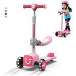 Joyano Foldable Kick Scooter for Ages 2-14, 2-in-1 with Removable Seat, Bell, 3 Adjustable Heights, Flashing Wheels and Wide Deck, Max Load 110lbs, Indoor/Outdoor Gift for Boy/Girl(Pink)