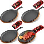 Lallisa 4 Sets Cast Iron Fajita Plate Set Fajita Plate Sizzler Pan with Wooden Tray Anti Scald Protection Hot Mitt Cast Iron Skillet Set for Home Barbeque Kitchen Party Restaurant Catering Service