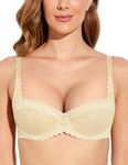 Deyllo Women's Balconette Demi Bra Sexy Lace Bra Lightly Padded 1/2 Cups Lined Lift (Light Nude,38B)