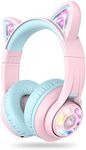 iClever Kids Headphones Wireless Cat Ear, LED Lights Up, 74/85/94dB Volume Limited, 50H Playtime,Bluetooth 5.2, USB C, Kids Headphones Wireless Over Ear for Travel iPad Tablet, Meow Macaron-Pink