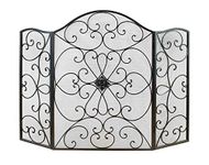 Benzara Scroll Patterned 3-Panel Metal Fire Screen, Black