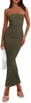 PRETTYGARDEN Women's Ribbed Maxi Bodycon Dress Summer Strapless Tube Y2K Party Club Long Dresses (Army Green,X-Small)