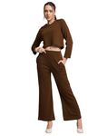 SIRIL Women's Co-Ord Set Lycra Top and Trouser Pant Set |Two Piece Coord Set | Formal Cord Set (690CTK11615-L_Brown)