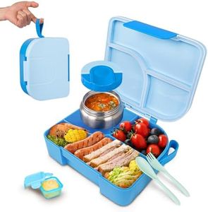 TinyPalsa Bento Box for Kids, 3 Compartment Kids Lunch Box with 10oz Leak Proof Thermos Food Jar, Easy-Open Latch, Dishwasher Safe, Ideal for School, Daycare, Travel with Portable Handle (Blue)