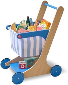 Little Helper Mr. Fresh Wooden Shopping Cart with 13 Grocery Store Pretend Play Food Accessories and Rolling Wheels – Montessori Push Toy for Kids and Toddlers Ages 3+, Blue & White Stripes