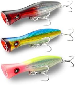 3-Pack 6.2 Inch 2.73 oz Saltwater Topwater Popper Fishing Lures with 3/0 4X Strengthened BKK Treble Hooks, Through-Wire for Strength & Durability, Target GT, Tuna, Sea Bass, Marlin