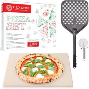 Pizza Lover Kit de pierres à pizza de qualité supérieure pour four et barbecue - 4 en 1 - Avec pelle à pizza perforée + pierre à pizza jusqu'à 800 °C en cordiérite + roulette à pizza et livre de