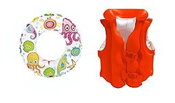 PRISMAXIC Inflatable Kiddie Swim Pool Water Float Ring Cruiser Red Fire Engine Shape Tube Boat for Kids - 29" x 23" (Ring Jecket)