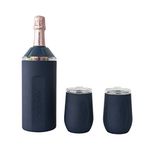 Vinglacé Gift Set - Bottle Insulator Chiller with 2 Stemless Wine Glasses - Great Gift Ideas for Wine and Champagne Lovers (Navy)