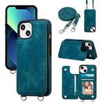 ZTOFERA Crossbody Lanyard Case for iPhone 13/14, Matte PU Leather + Soft TPU Flip Wallet Back Case with Card Holder Adjustable Shoulder Strap Neck Cord Protective Back Cover for iPhone 13, Green