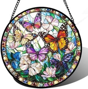 DASTOLL Stained Glass Window Hanging, Colorful Butterfly Suncatcher for Doors Home Sun Catchers Decoration and Christmas, Mother's Day Birthday Gifts for Women, Men, and Mom 14.9x14.9 in