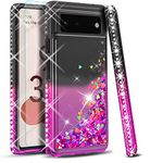 STARSHOP Google Pixel 7 Case, with [Tempered Glass Screen Protector Included] Liquid Bling Sparkle Floating Glitter Quicksand Diamond Phone Case Girls Women Cute, for Google Pixel 7 - Black/Pink