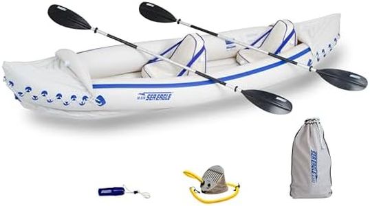 Sea Eagle 370K Pro 3-Person Inflatable Outdoor Water Sports Kayak Canoe Boat with Paddles, Adjustable Seats, Foot Pump, and Carrying Bag, White