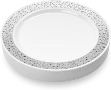 MATANA 20 Reusable 10.25 Inch Sliver Plastic Party Plates White Silver Lace Trim - Premium Heavy Duty Dinner Plates, Elegant Fancy Plastic Plates for Wedding Receptions, Bridal Shower, Birthday, Event