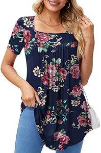 Xpenyo Womens Tops Casual Summer Square Neck Short Sleeve Tunic Shirts Hide Belly Loose Flowy Tunic Blouses, 1-navy Blue Rose Floral, Medium