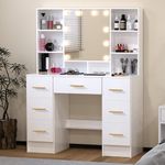 Koestem White Dressing Table Set with Hollywood LED Lights Mirror, 39.4" W Make Up Vanity with Hidden Storage Shelves and 6 Open Shelves, White for Bedroom with 7 Drawers