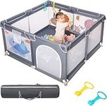 dearlomum Baby Playpen, 50"x50" Baby Playard, Playpen for Babies with Gate, Indoor & Outdoor Kid Activity Center with Anti-Slip Base, Sturdy Safety Playpen with Soft Mesh, Playpen for Toddlers(Gray)